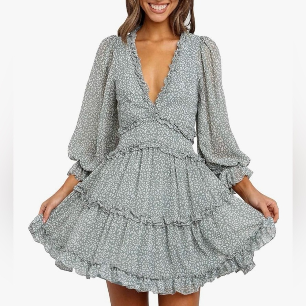 Long Sleeve Floral Printed V-Neck Dress (Mint Green)